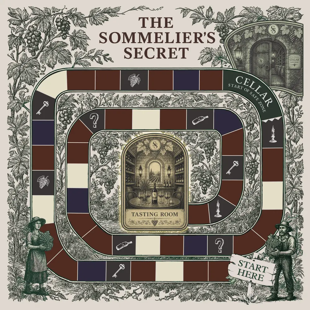 The Sommelier’s Secret game board: a spiralling track of burgundy, cream, navy and charcoal spaces surrounded by engraved vines, leading to the Tasting Room at the centre