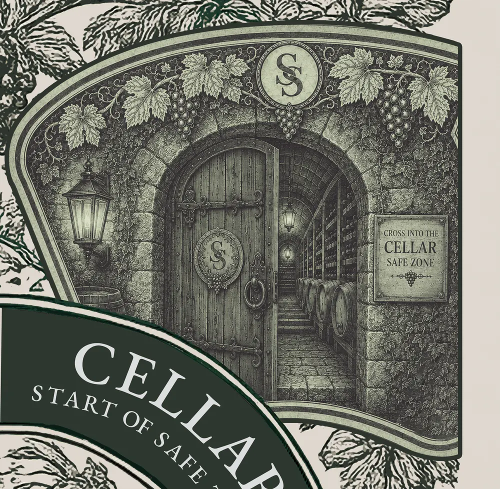 The engraved Cellar door that marks the start of the safe zone