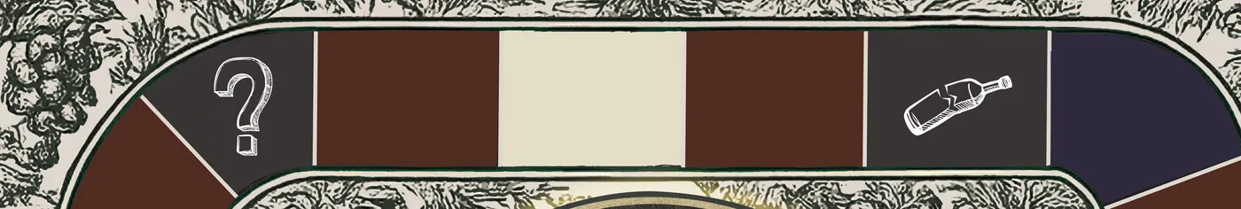 A stretch of the board track showing a question-mark icon space, burgundy, cream and navy spaces, and a broken-bottle icon space