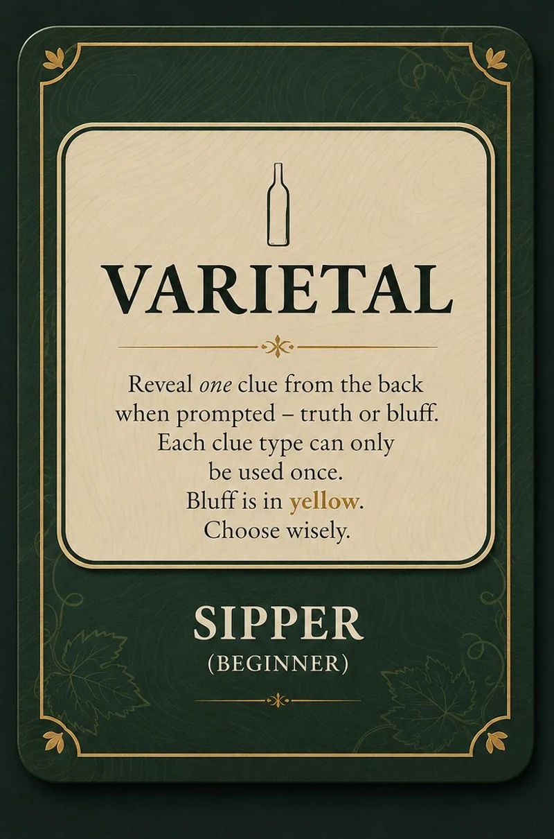 A Sipper Varietal card as it looks face up: the word Varietal, and the instruction to reveal one clue from the back