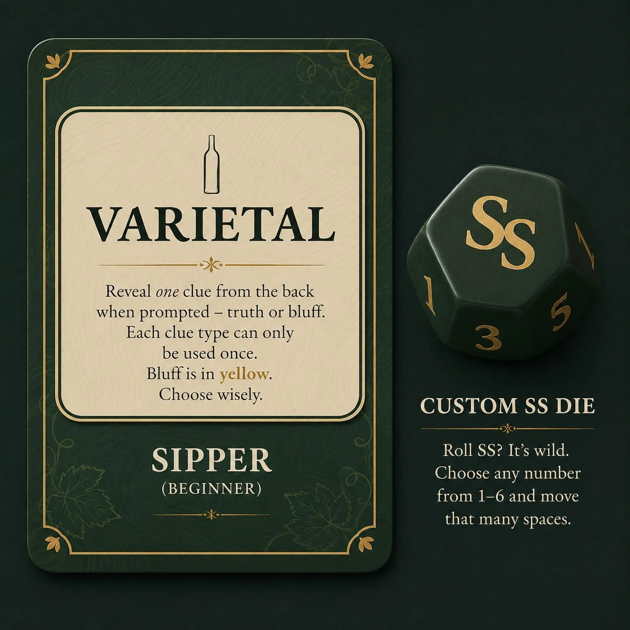 A green Sipper Varietal card beside the custom SS die