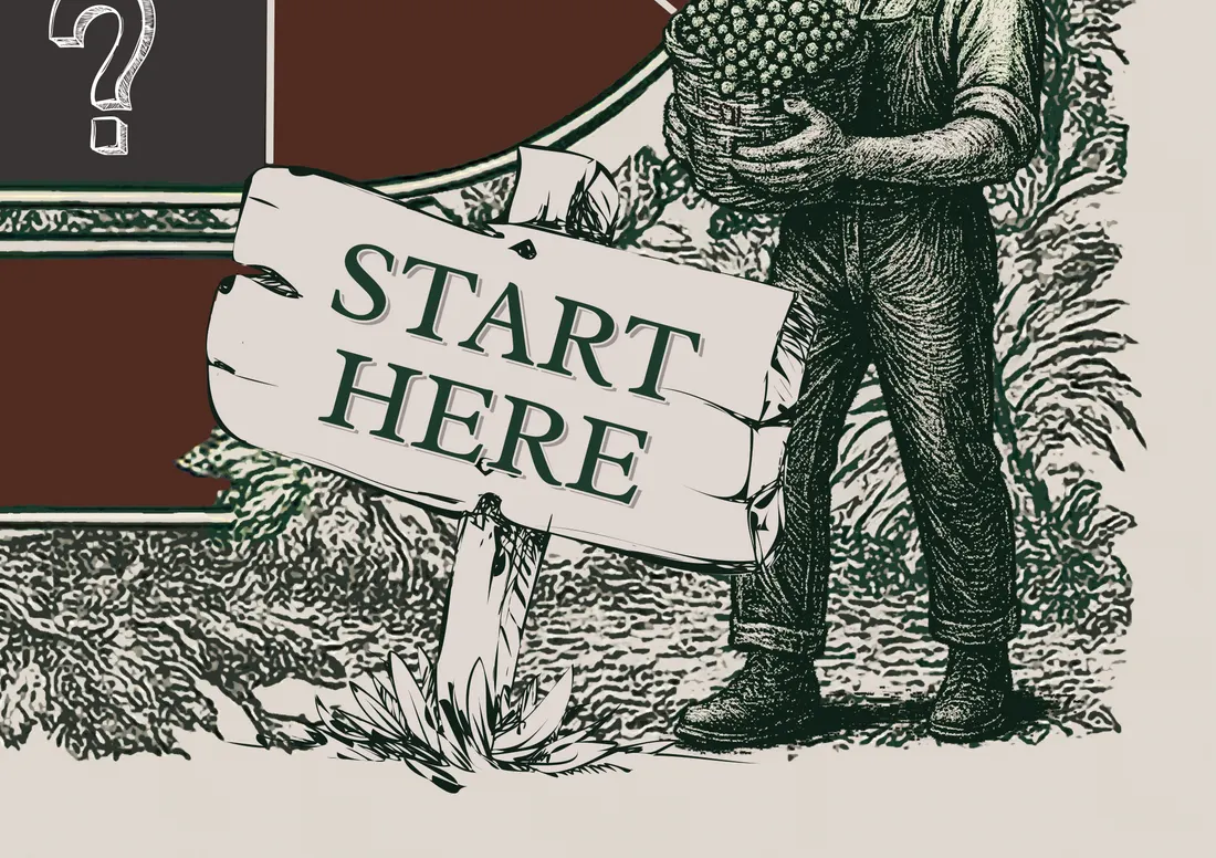 The hand-drawn Start Here sign in the Vineyard corner of the board