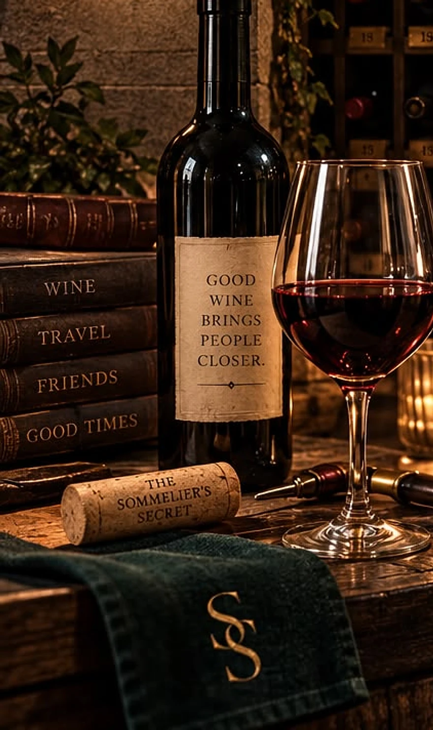 A bottle, a poured glass and a candle on a barrel in a candlelit cellar, beside a stack of books