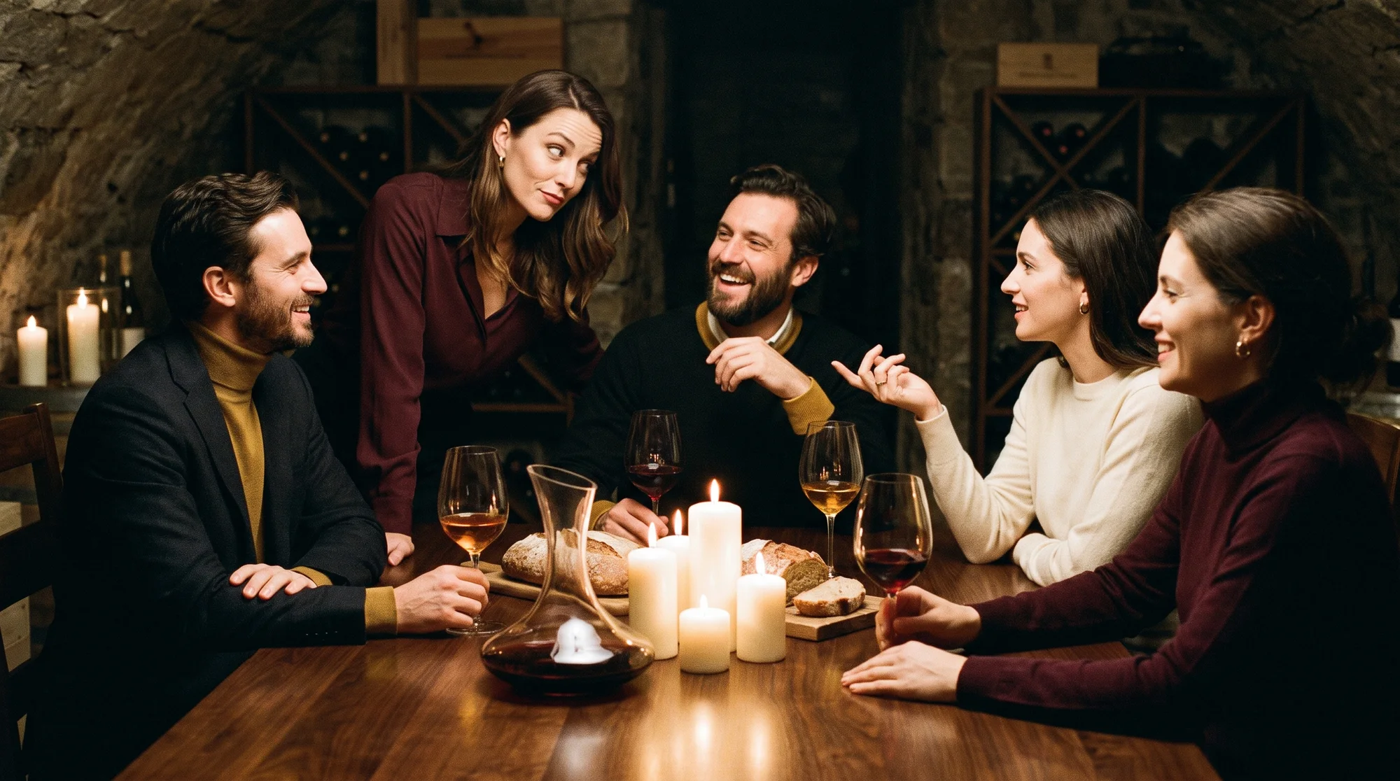 Five friends around a candlelit table with wine, mid conversation