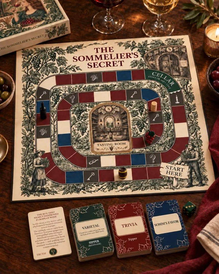 The Sommelier’s Secret board laid out with cards and wine-themed pieces on a candlelit oak table